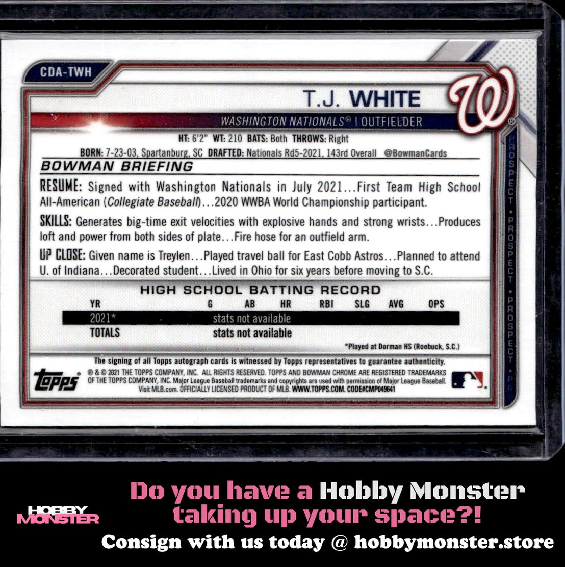 2021 Bowman Draft T.J. White Chrome Auto Washington Nationals