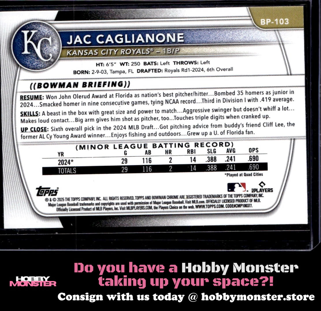 2025 Bowman Jac Caglianone Prospects Blue #/150 Kansas City Royals