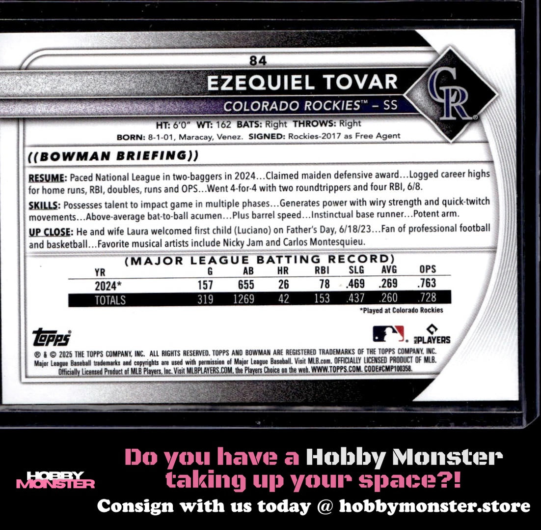 2025 Bowman Ezequiel Tovar Fuchsia #/299 Colorado Rockies