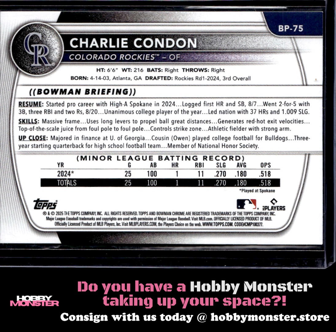 2025 Bowman Charlie Condon Prospects Colorado Rockies