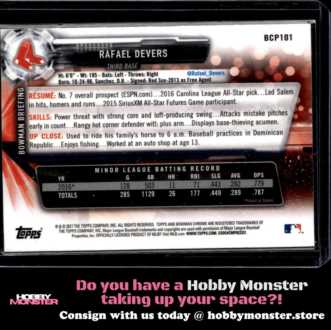 2017 Bowman Rafael Devers Chrome Prospects Boston Red Sox
