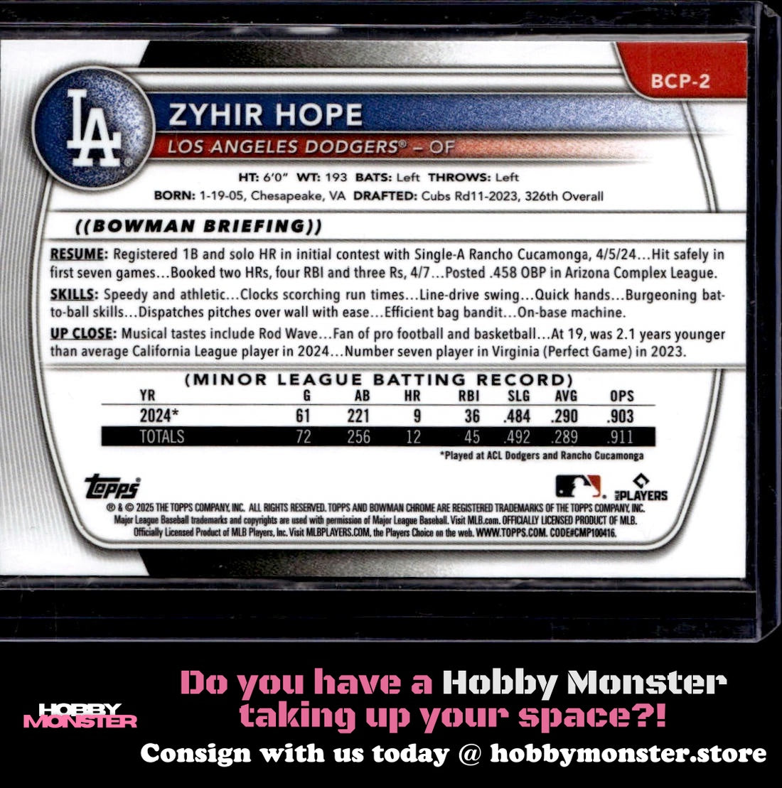 2025 Bowman Zyhir Hope Chrome Prospects Blue Refractor #/150 Los Angeles Dodgers