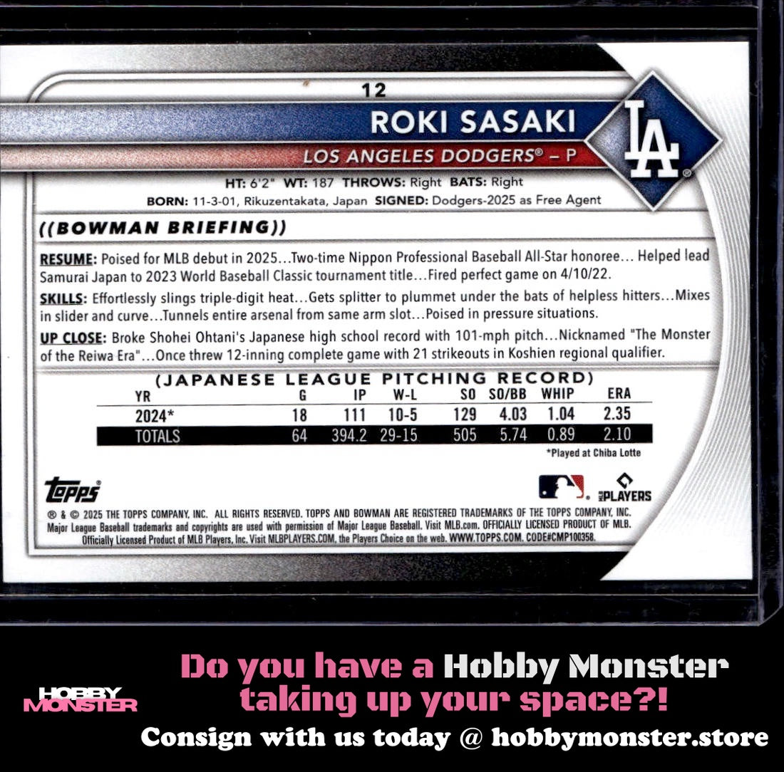 2025 Bowman Roki Sasaki Rookie Los Angeles Dodgers