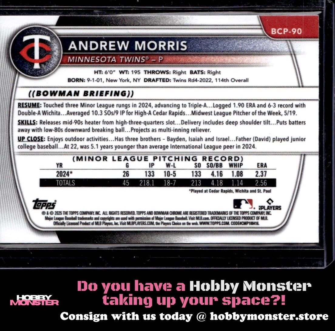 2025 Bowman Andrew Morris Chrome Prospects Reptilian Refractor Minnesota Twins