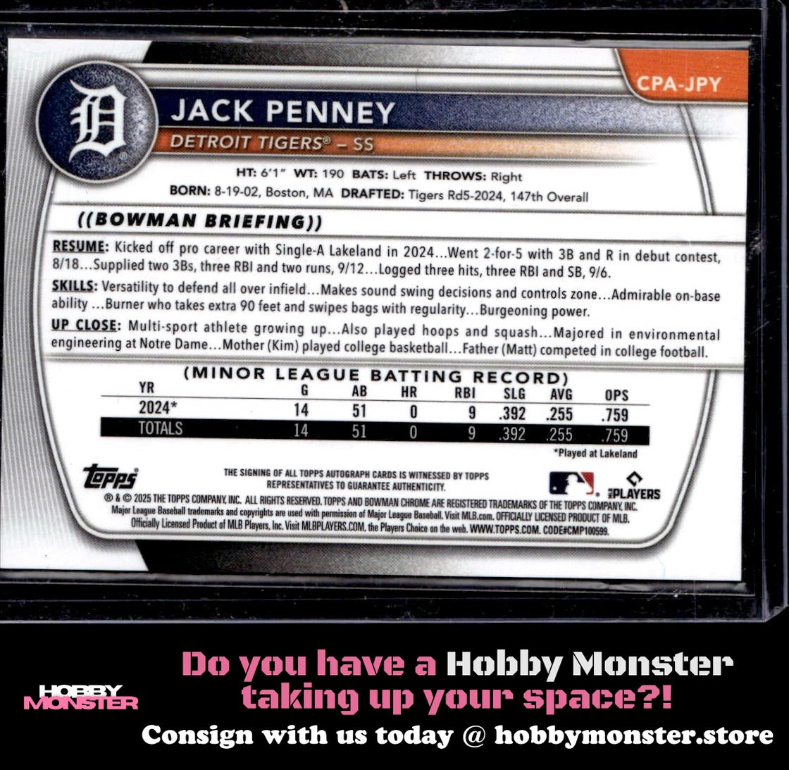 2025 Bowman Jack Penney Chrome Prospects Autographs Auto Detroit Tigers