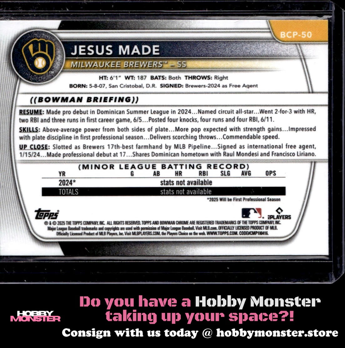 2025 Bowman Jesus Made Chrome Fuchsia Refractor #/199 Milwaukee Brewers