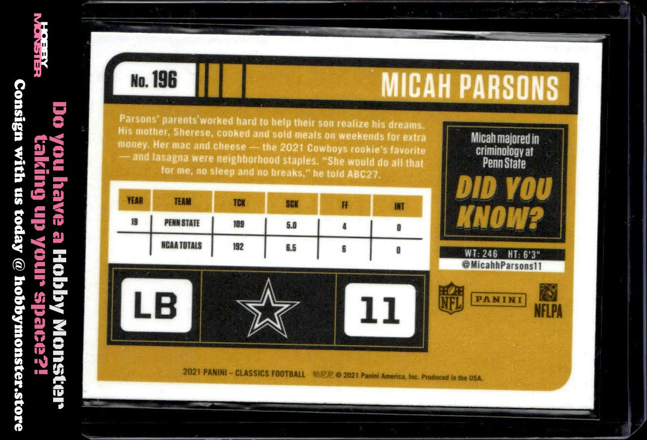 2021 Panini Classics Micah Parsons Premium Edition Rookie Dallas Cowboys