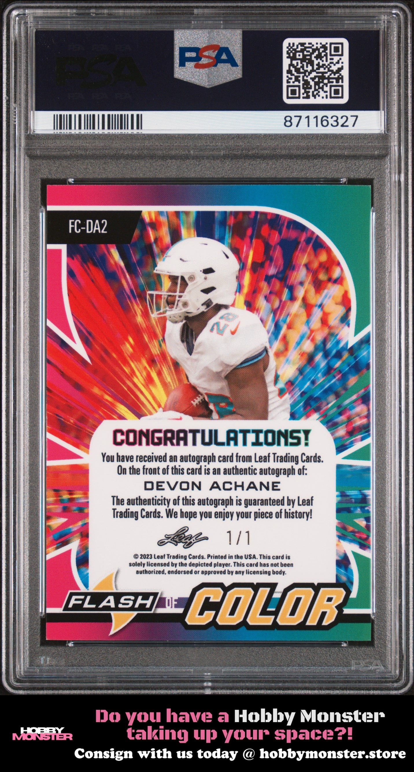 2023 Leaf Eclectic Flash of Color Prismatic Devon Achane Auto /1 Miami PSA 9