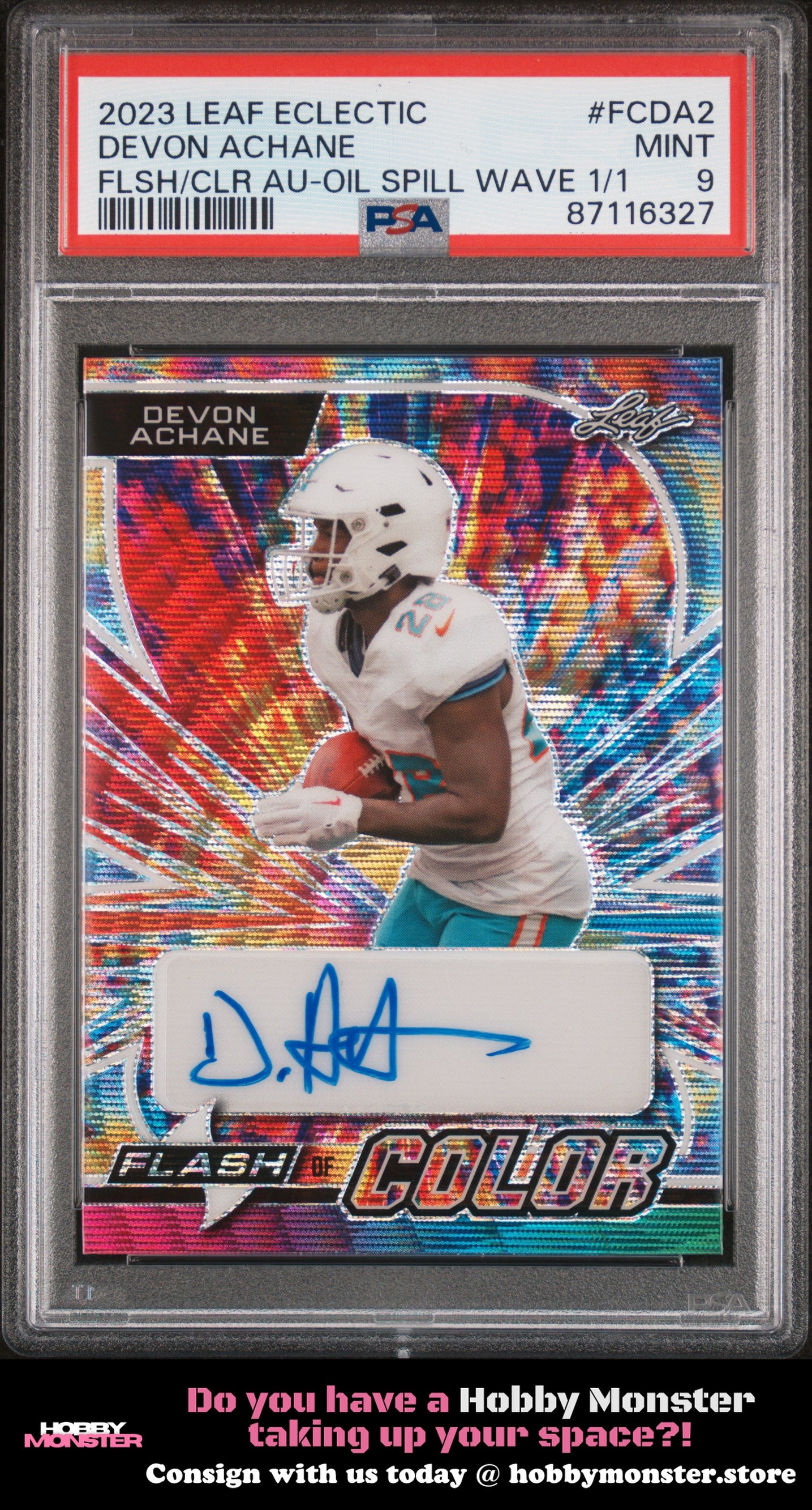 2023 Leaf Eclectic Flash of Color Prismatic Devon Achane Auto /1 Miami PSA 9