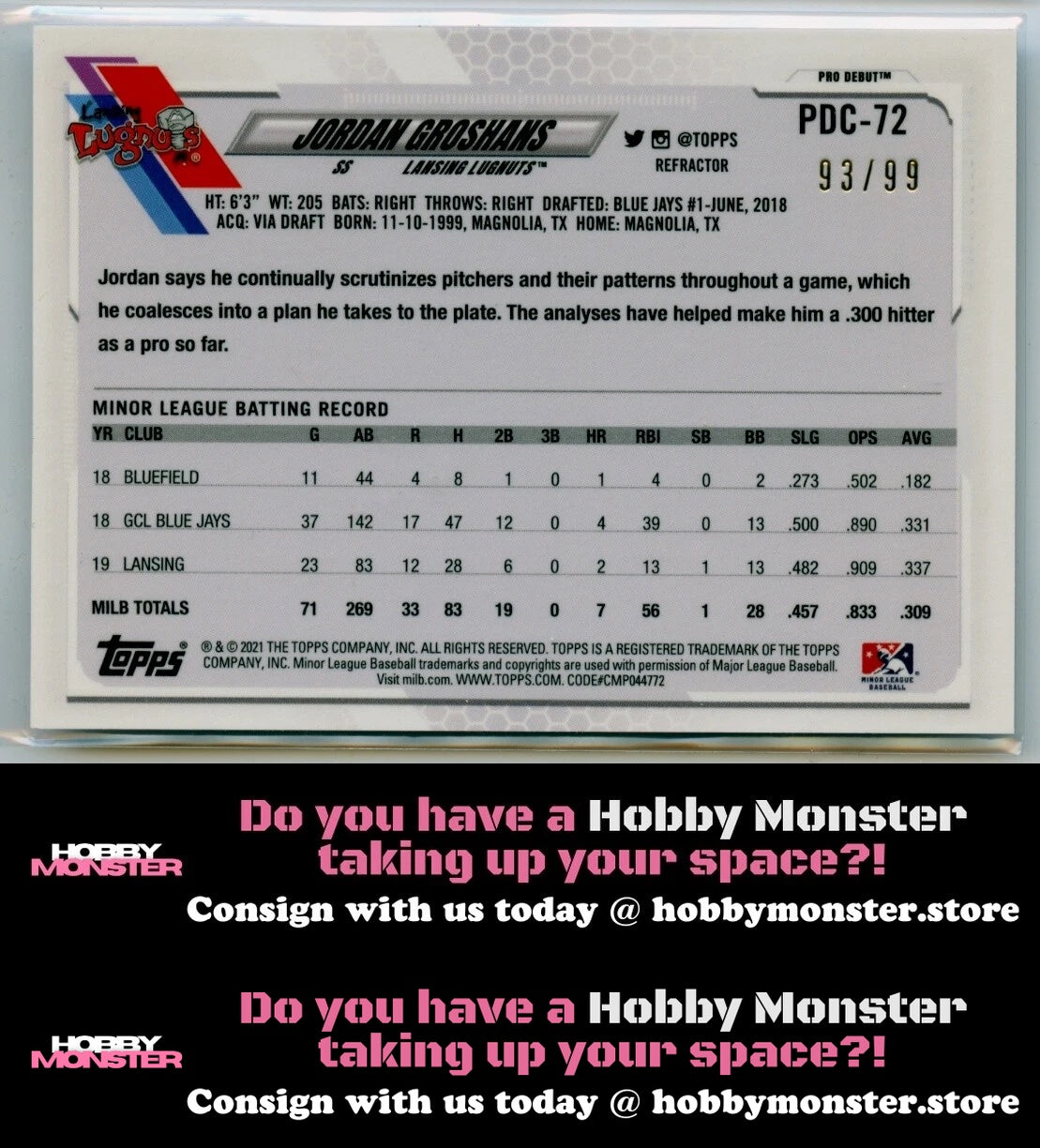 2021 Topps Pro Debut Jordan Groshans Chrome Refractor #/99 Lansing Lugnuts