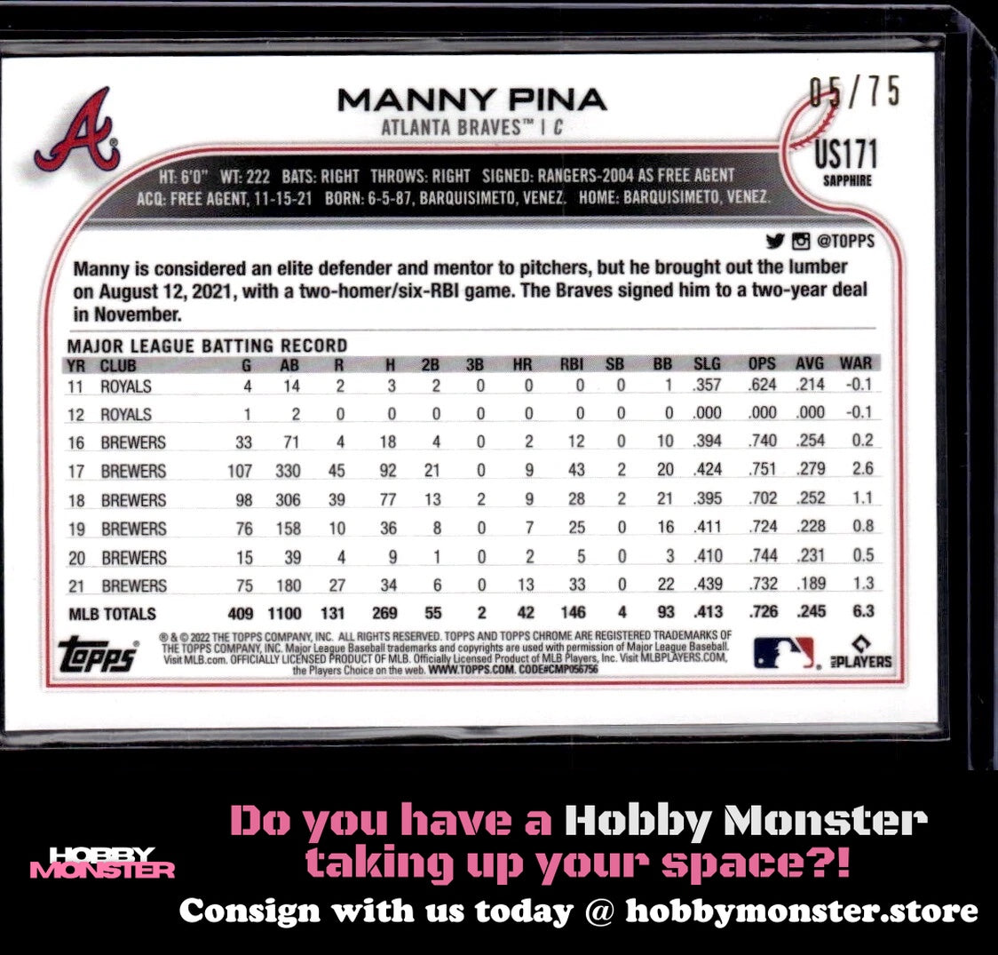 2022 Topps Chrome Update Sapphire Edition Manny Pina Green #/75 Atlanta Braves