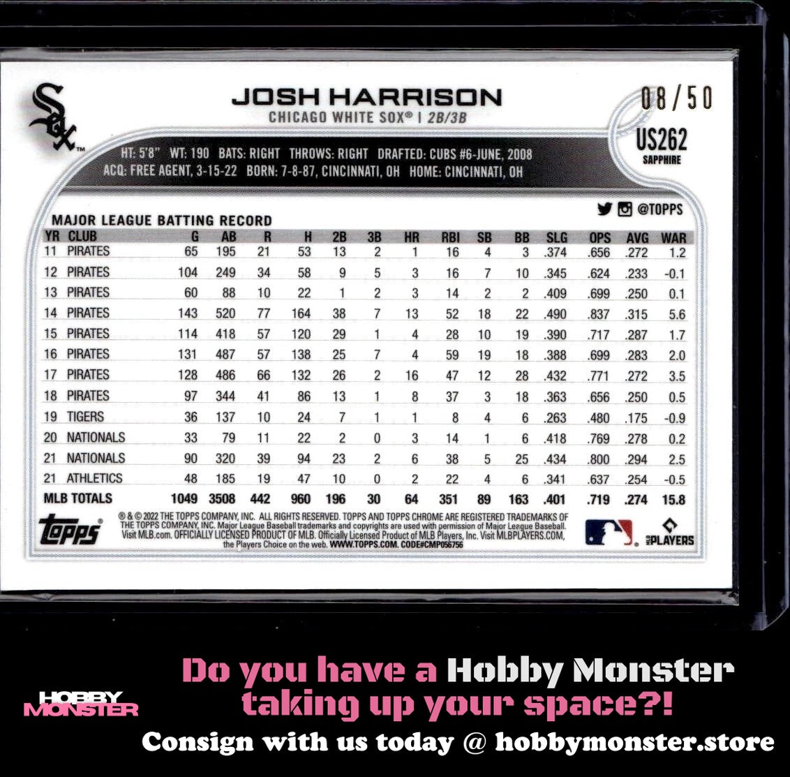 2022 Topps Chrome Update Sapphire Josh Harrison Gold #/50 White Sox