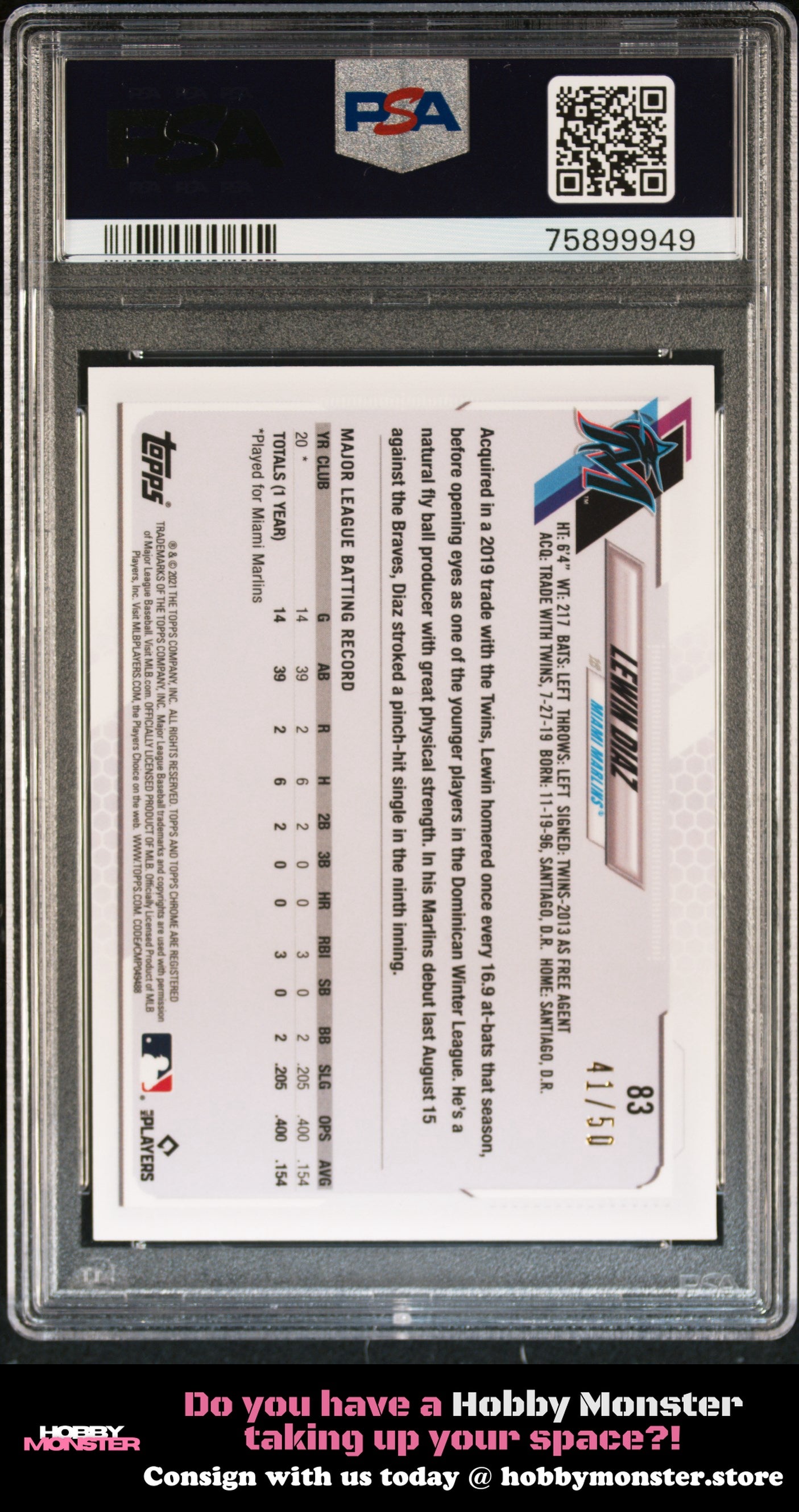 2021 Topps Chrome Ben Baller Lewin Diaz Gold Rookie #/50 Marlins PSA 10