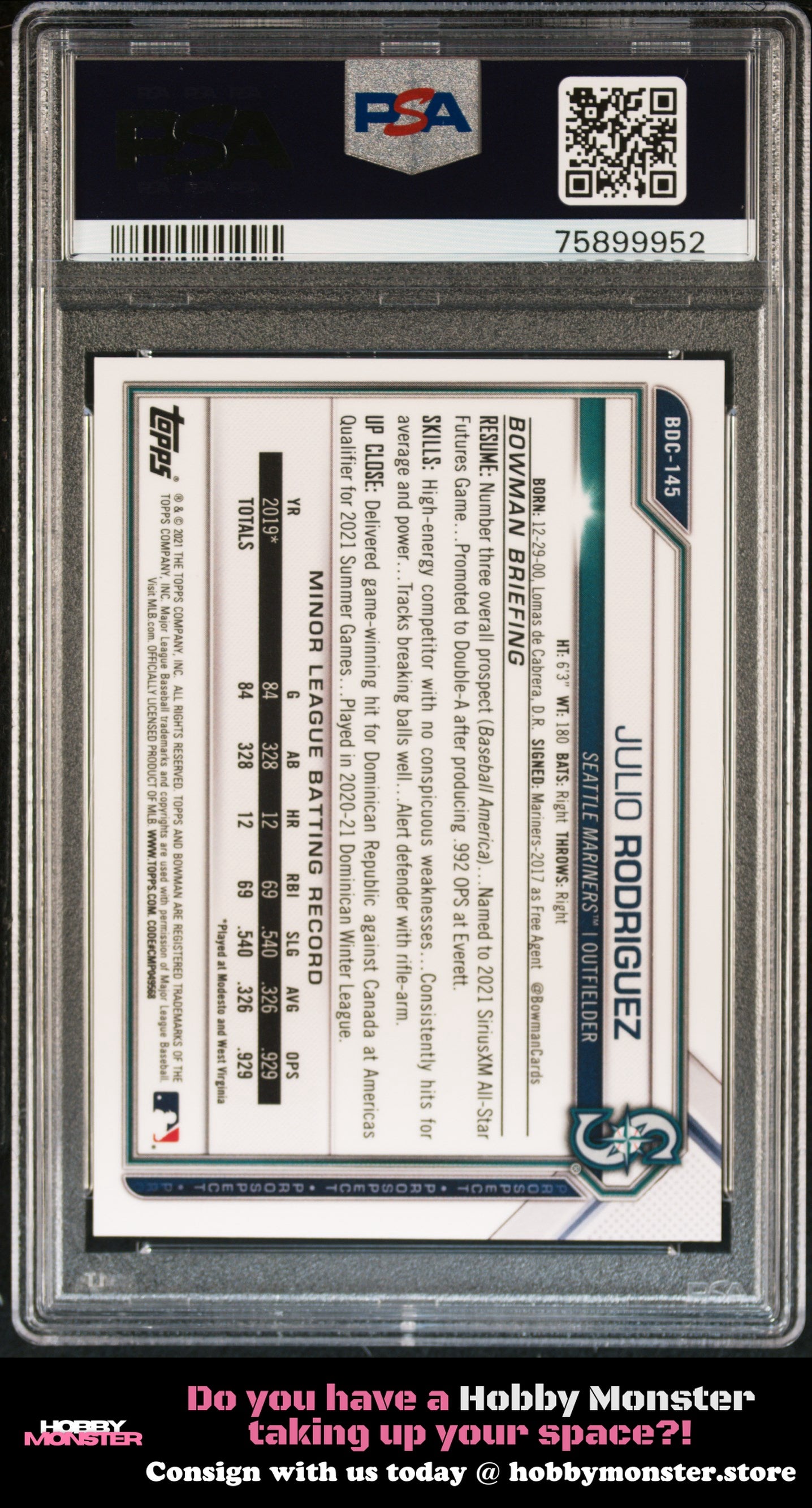 2021 Bowman Draft Julio Rodriguez Chrome Aqua Lava #/199 Mariners PSA 9