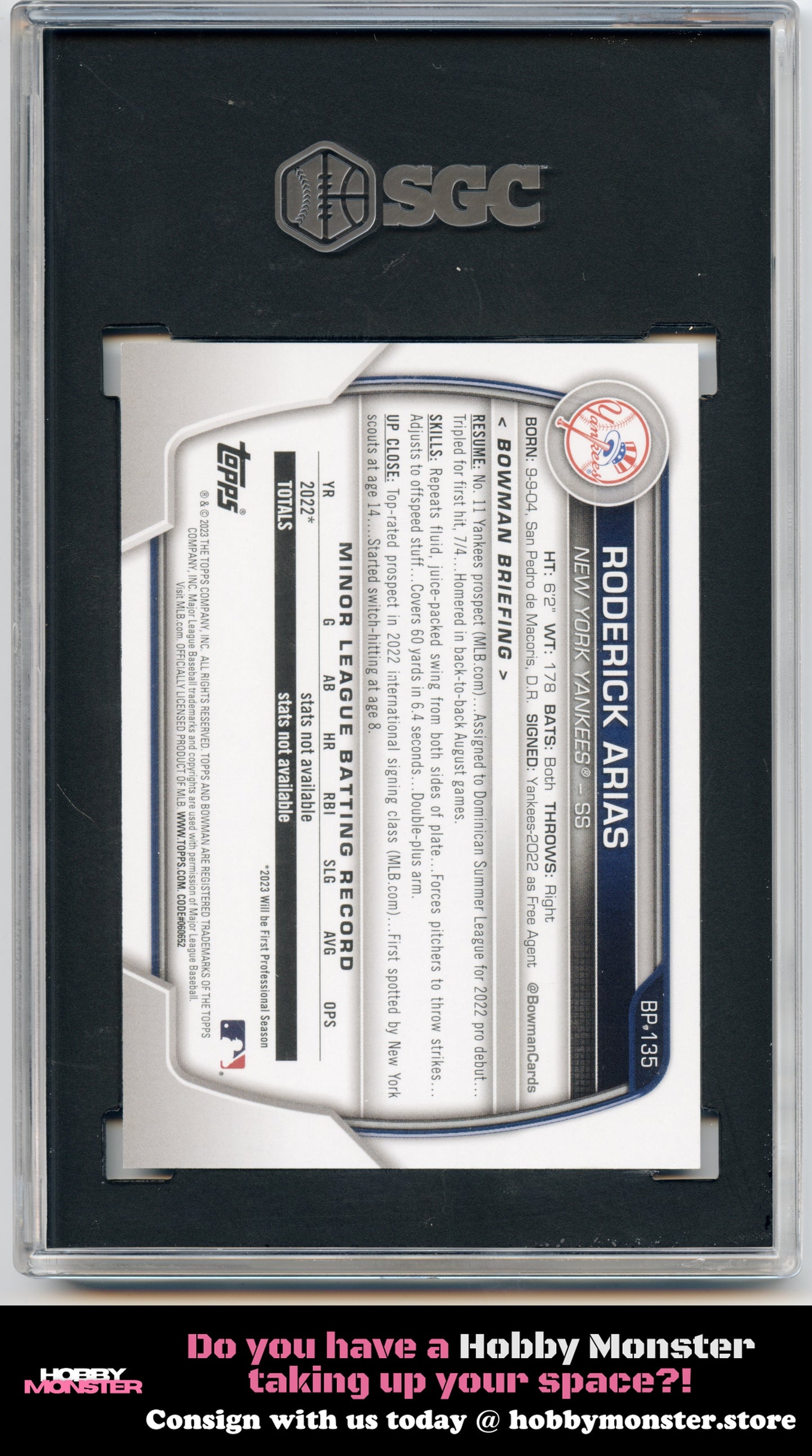 2023 Bowman Roderick Arias Prospects Black Pattern #/15 New York Yankees SGC 9.5