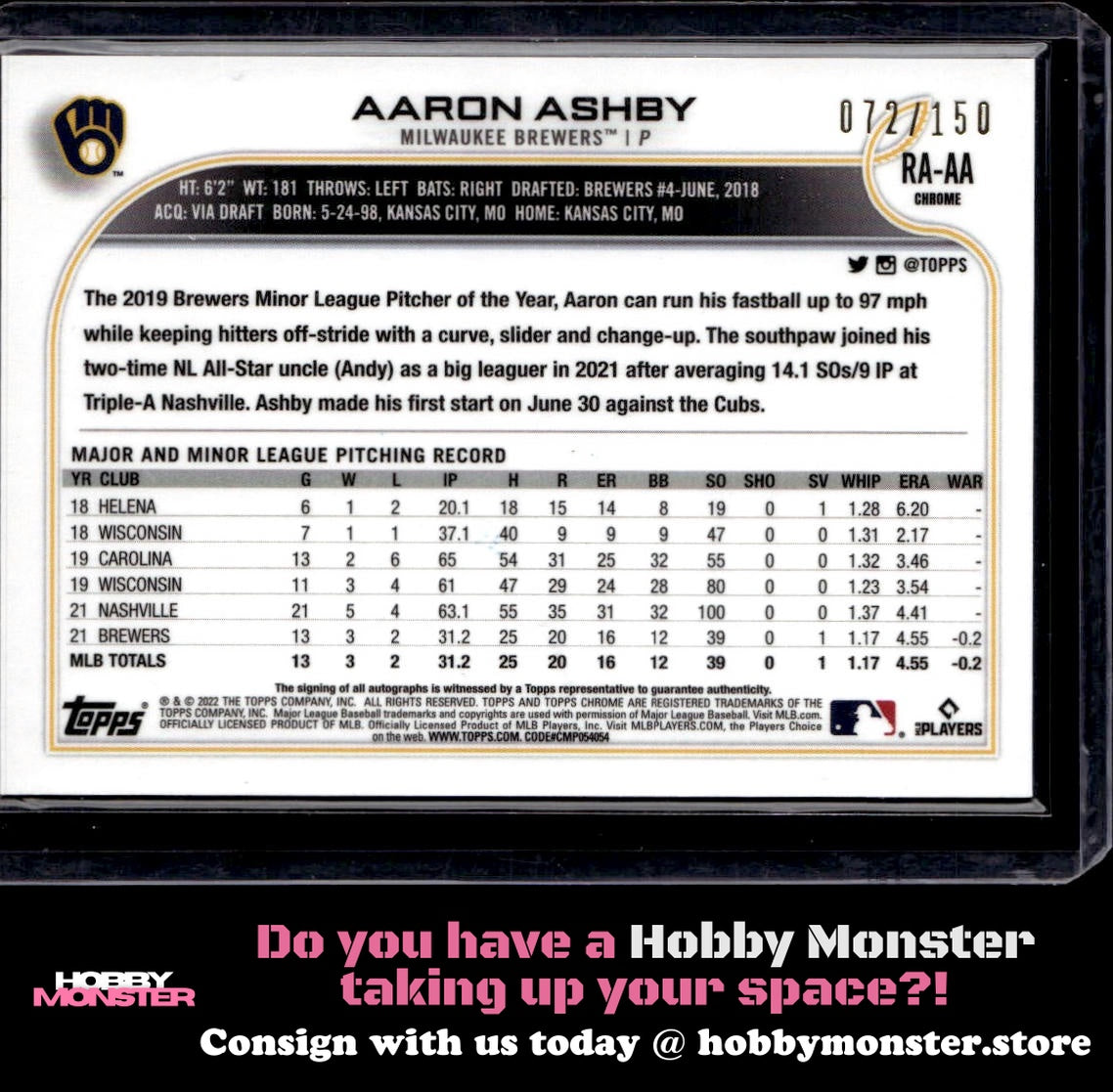 2022 Topps Chrome Aaron Ashby RC Auto Blue Refractor /150 Auto Milwaukee Brewers