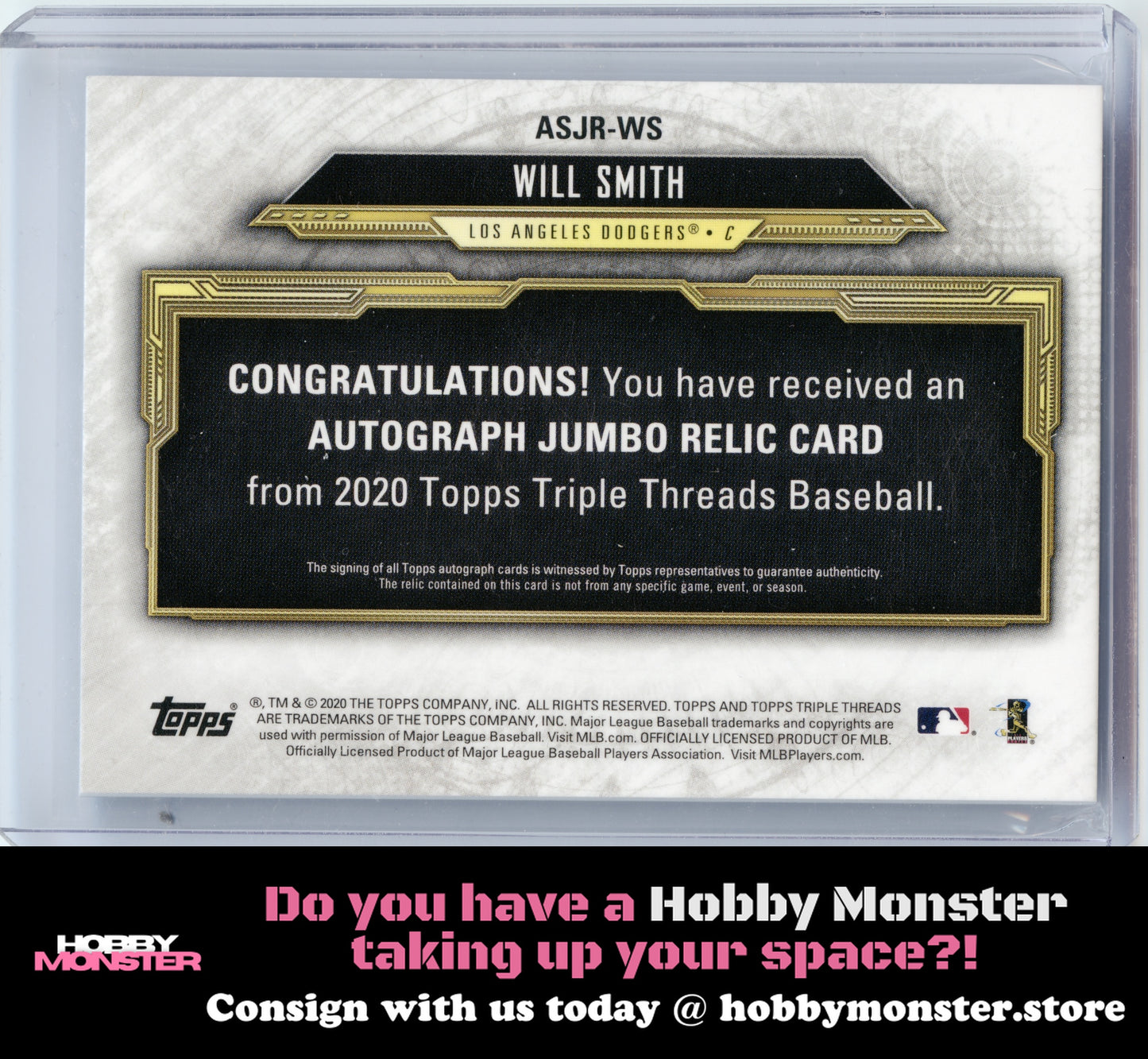 2020 Topps Triple Threads Will Smith Relic Gold Auto #/25 Los Angeles Dodgers