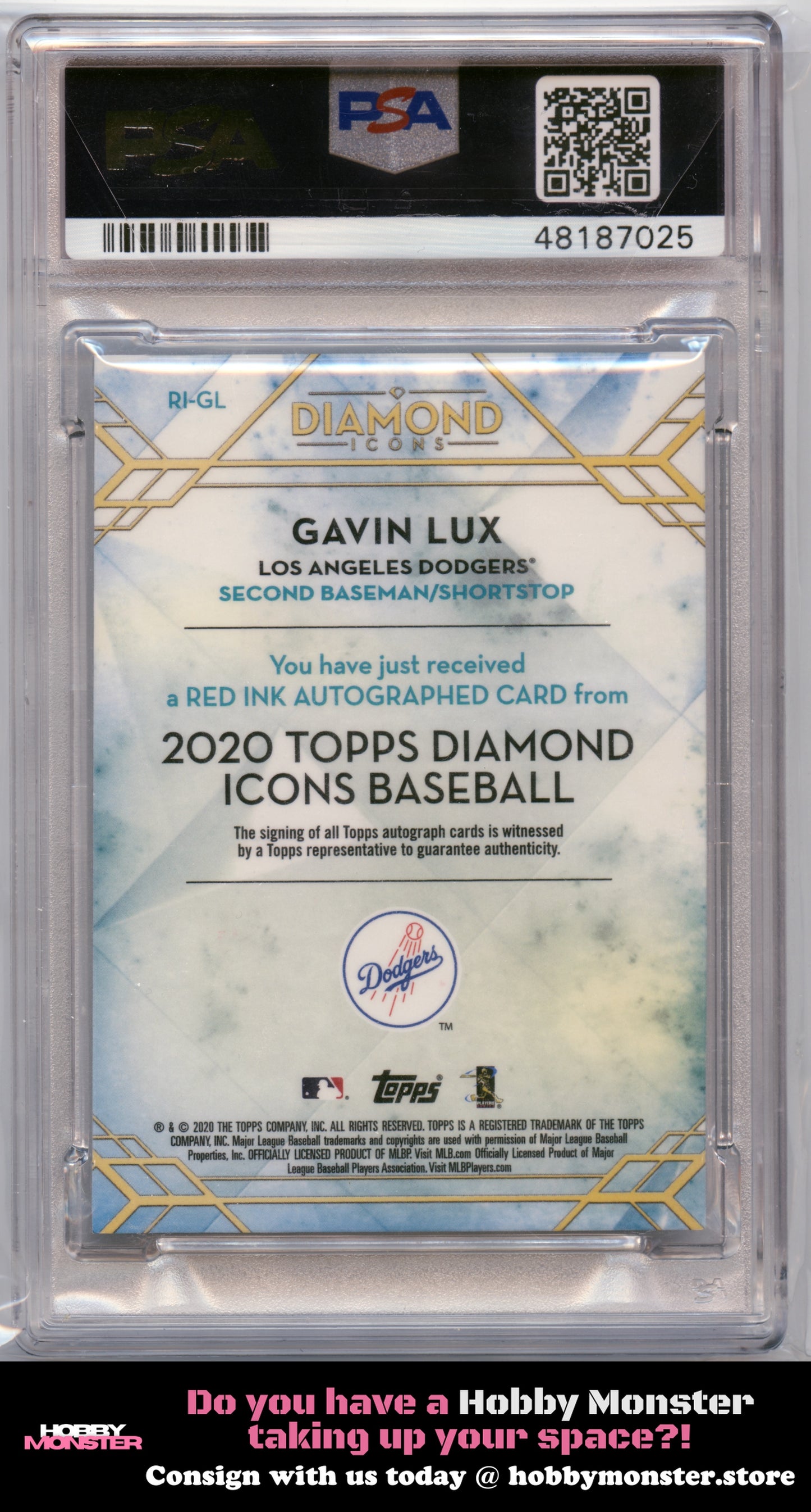 2020 Topps Diamond Icons Gavin Lux Red Ink Auto #/25 Los Angeles Dodgers PSA 8
