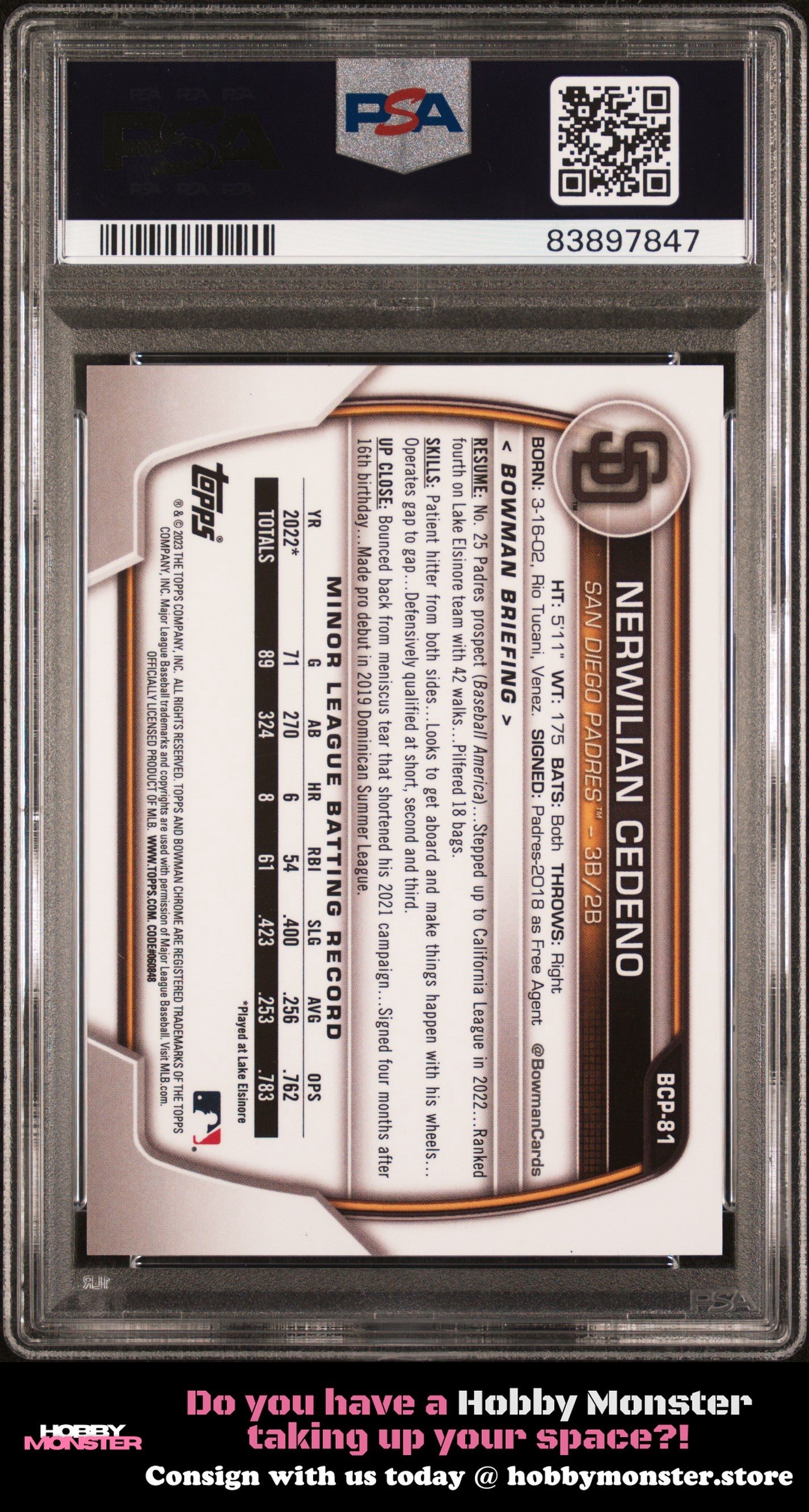 2023 Bowman Sapphire Edition Nerwilian Cedeno Purple #/25 Padres PSA 10