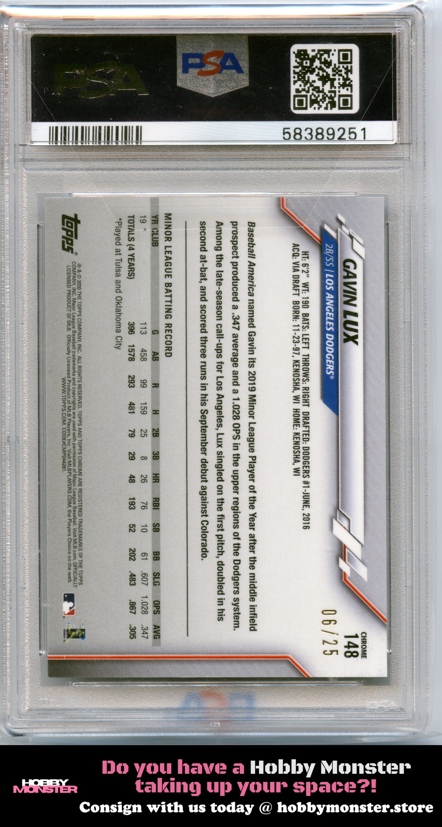 2020 Topps Chrome Ben Baller Gavin Lux Orange Rookie #/25 Dodgers PSA 10