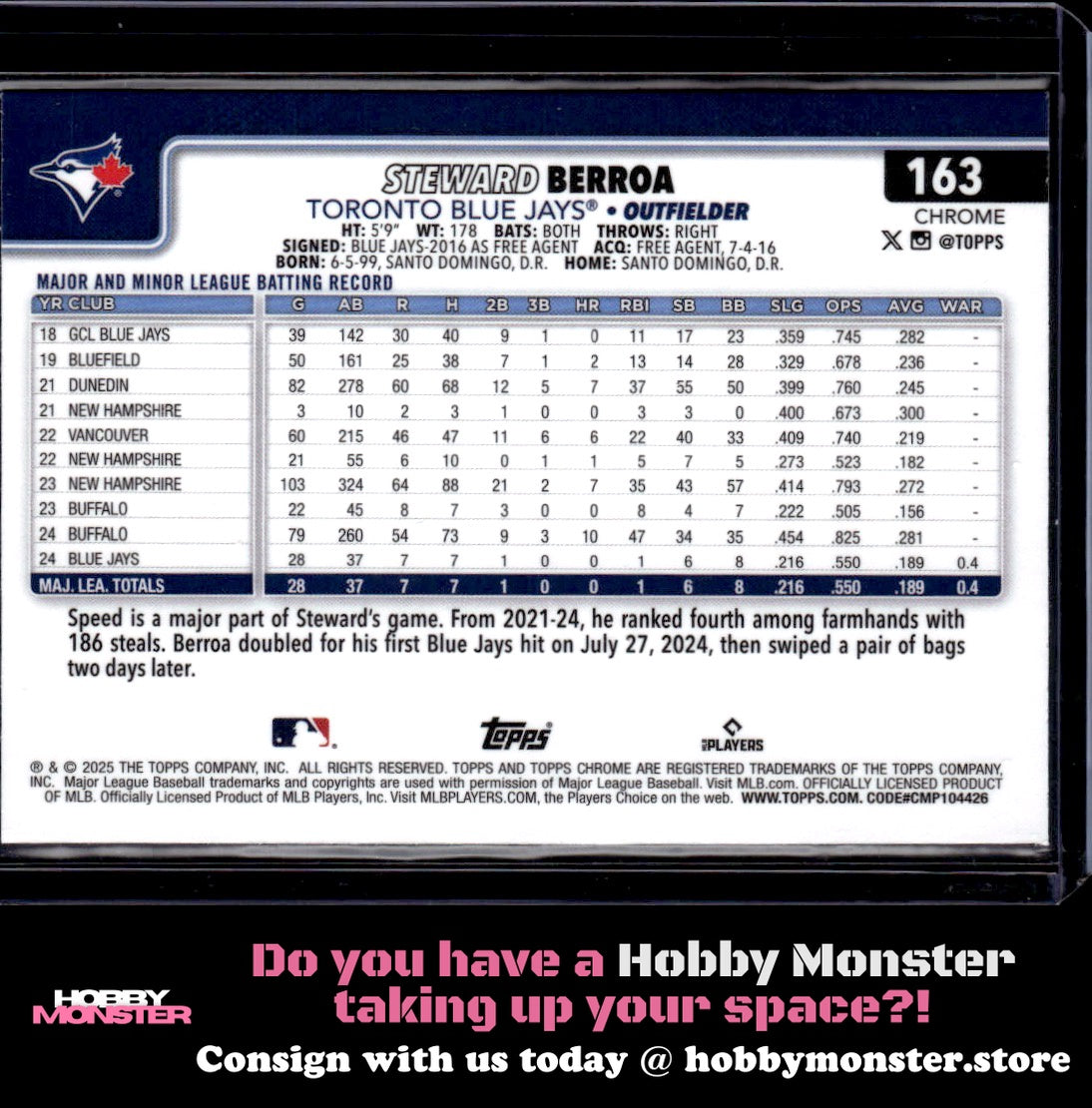 2025 Topps Chrome Steward Berroa X-Fractors Rookie Toronto Blue Jays