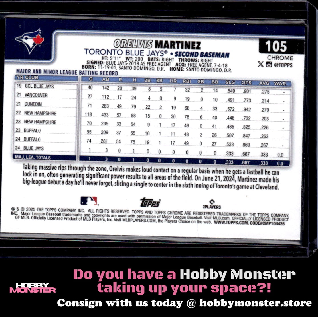 2025 Topps Chrome Orelvis Martinez Prism Refractors Rookie Toronto Blue Jays