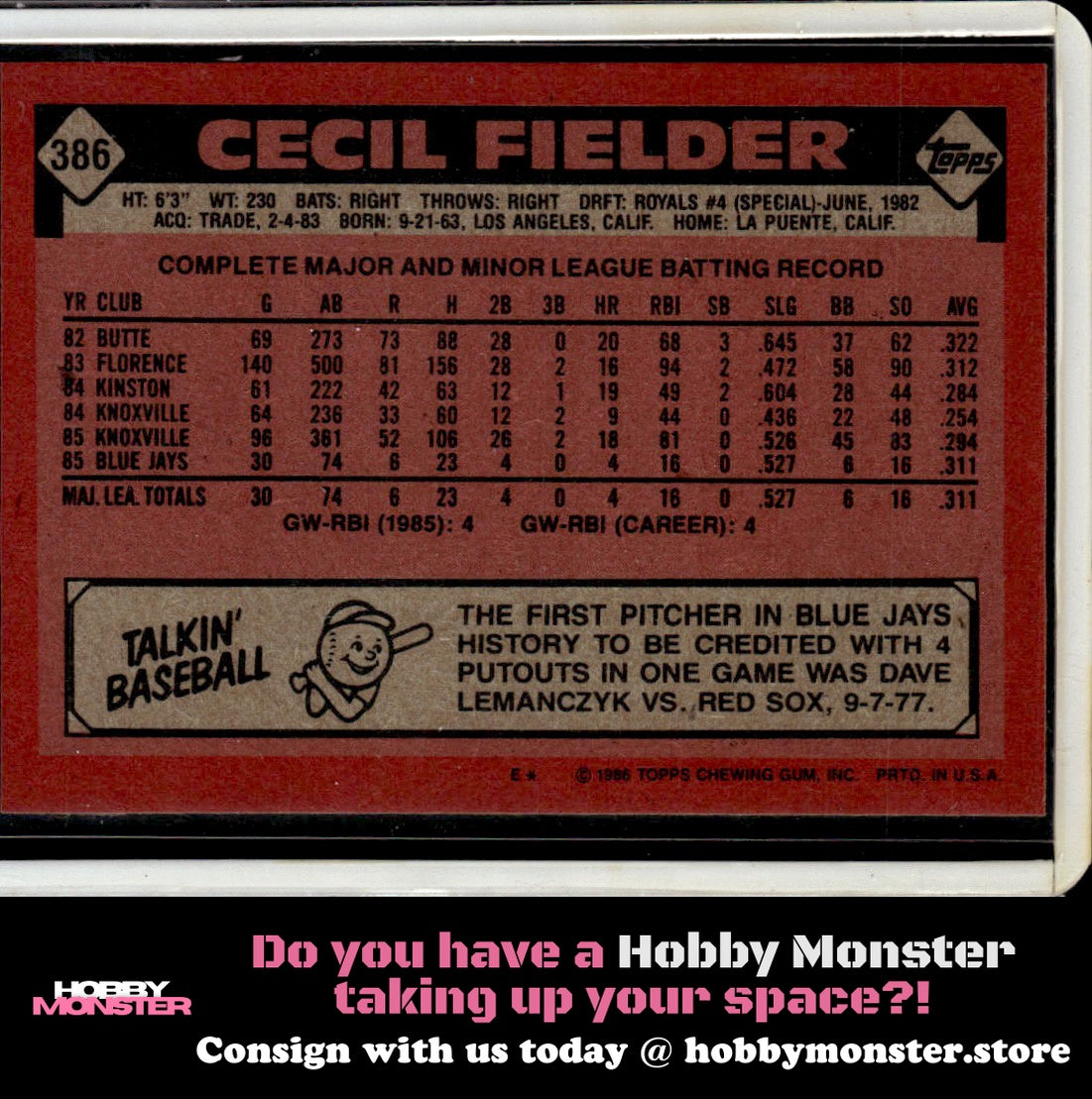 1986 Topps Cecil Fielder Rookie Toronto Blue Jays