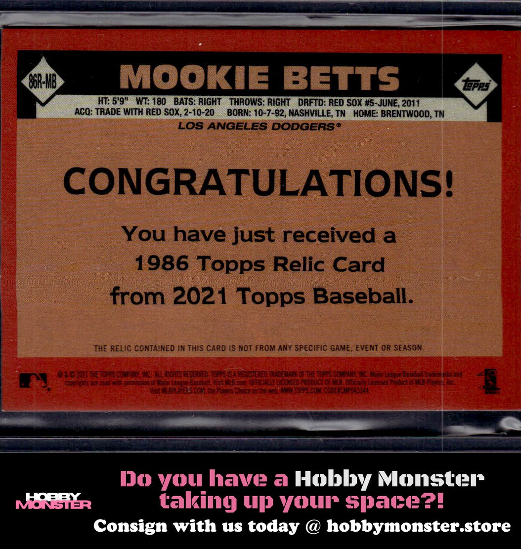 2021 Topps Mookie Betts 1986 Relic Black #/199 Los Angeles Dodgers