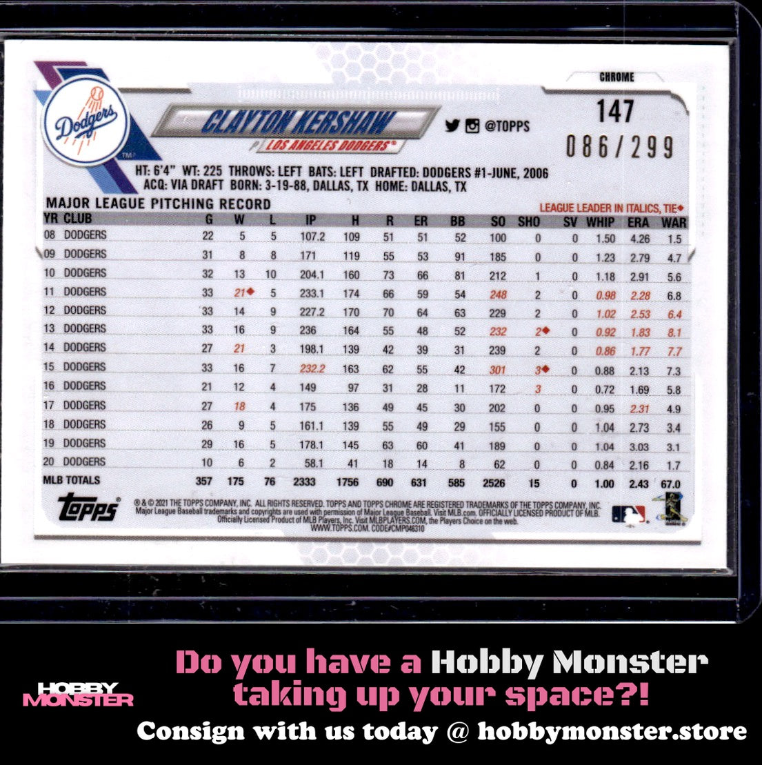 2021 Topps Chrome Clayton Kershaw Purple Refractor 086/299 Los Angeles Dodgers