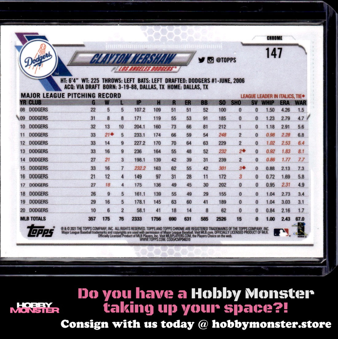 2021 Topps Chrome Clayton Kershaw Negative Refractor Los Angeles Dodgers