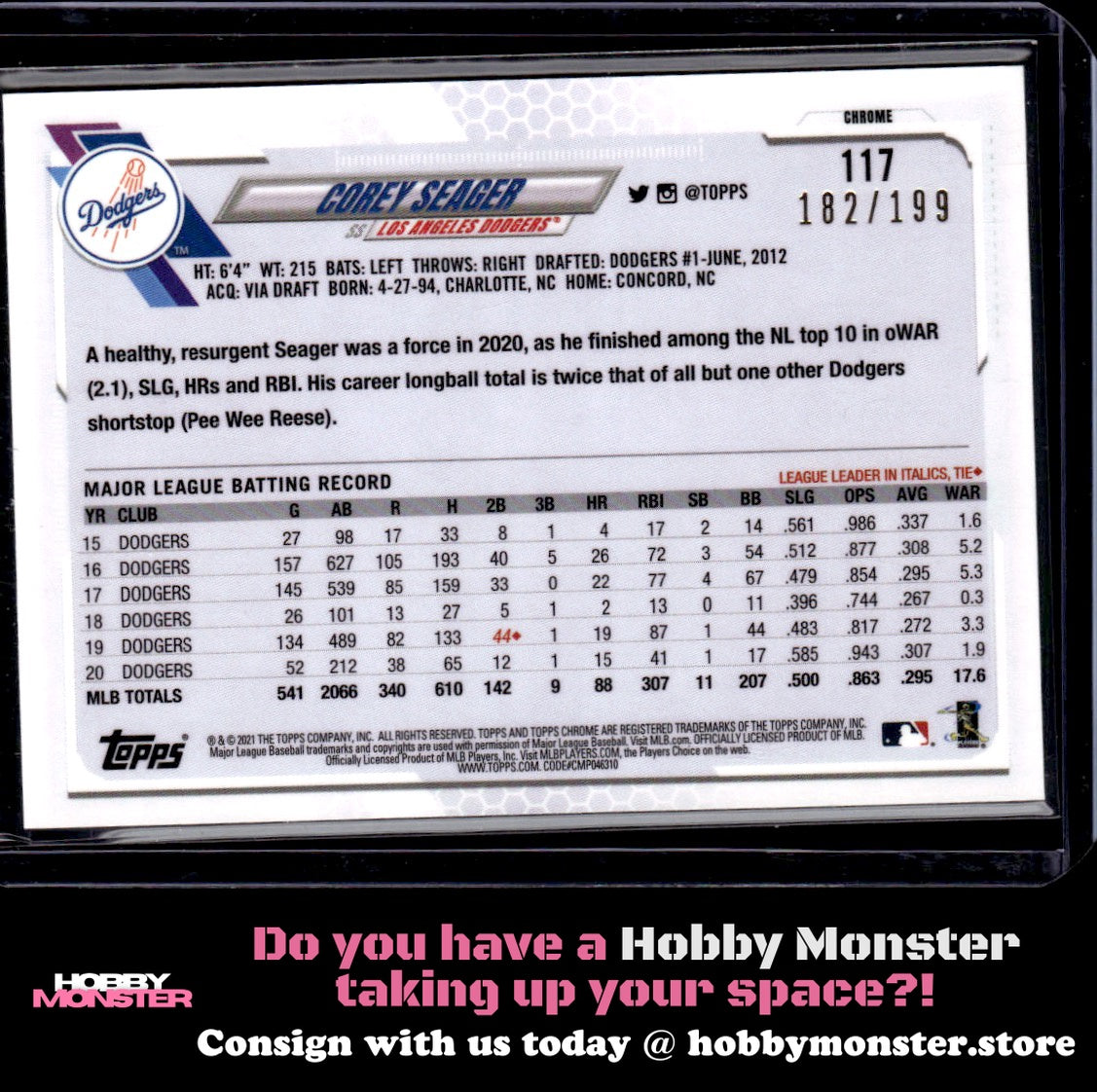2021 Topps Chrome Corey Seager Aqua Wave Refractor 182/199 Los Angeles Dodgers