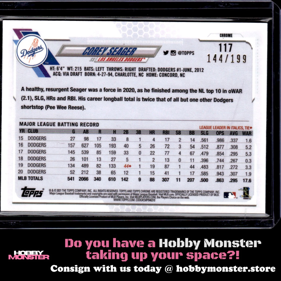 2021 Topps Chrome Corey Seager Aqua Wave Refractor 144/199 Los Angeles Dodgers