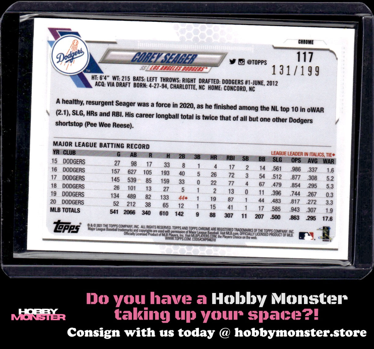 2021 Topps Chrome Corey Seager Aqua Refractor #/199 Los Angeles Dodgers