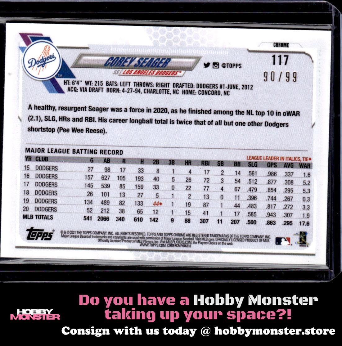 2021 Topps Chrome Corey Seager Green Refractor #/99 Los Angeles Dodgers