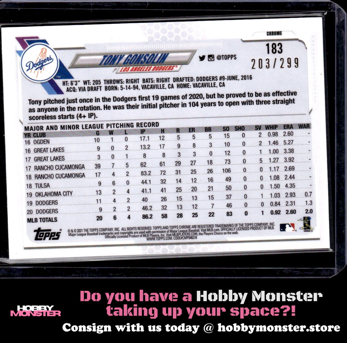 2021 Topps Chrome Tony Gonsolin Purple Refractor #/299 Los Angeles Dodgers