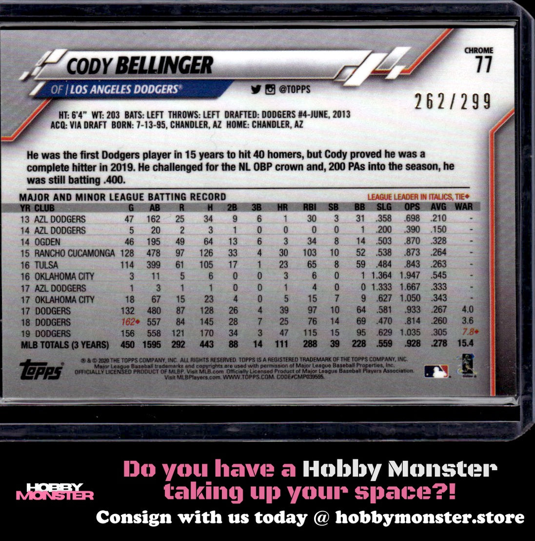 2020 Topps Chrome Cody Bellinger Purple Refractor #/299 Los Angeles Dodgers