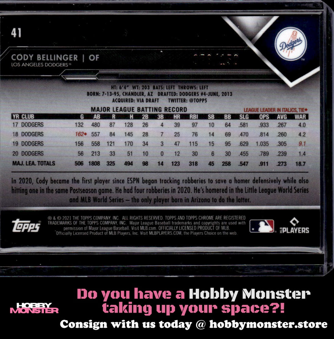 2021 Topps Chrome Black Cody Bellinger Purple #/150 Los Angeles Dodgers