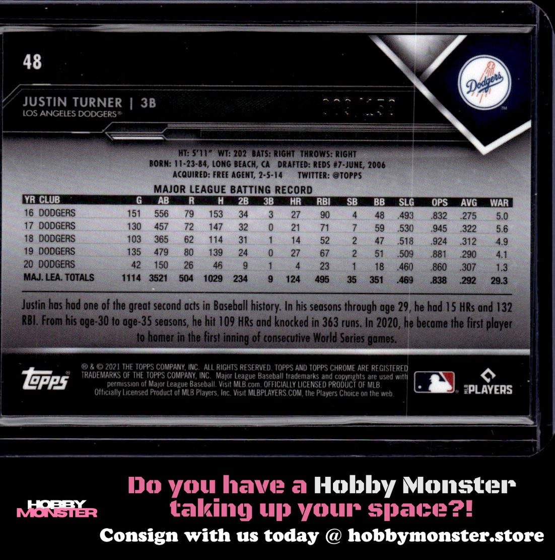 2021 Topps Chrome Black Justin Turner Purple Refractor #/150 Los Angeles Dodgers