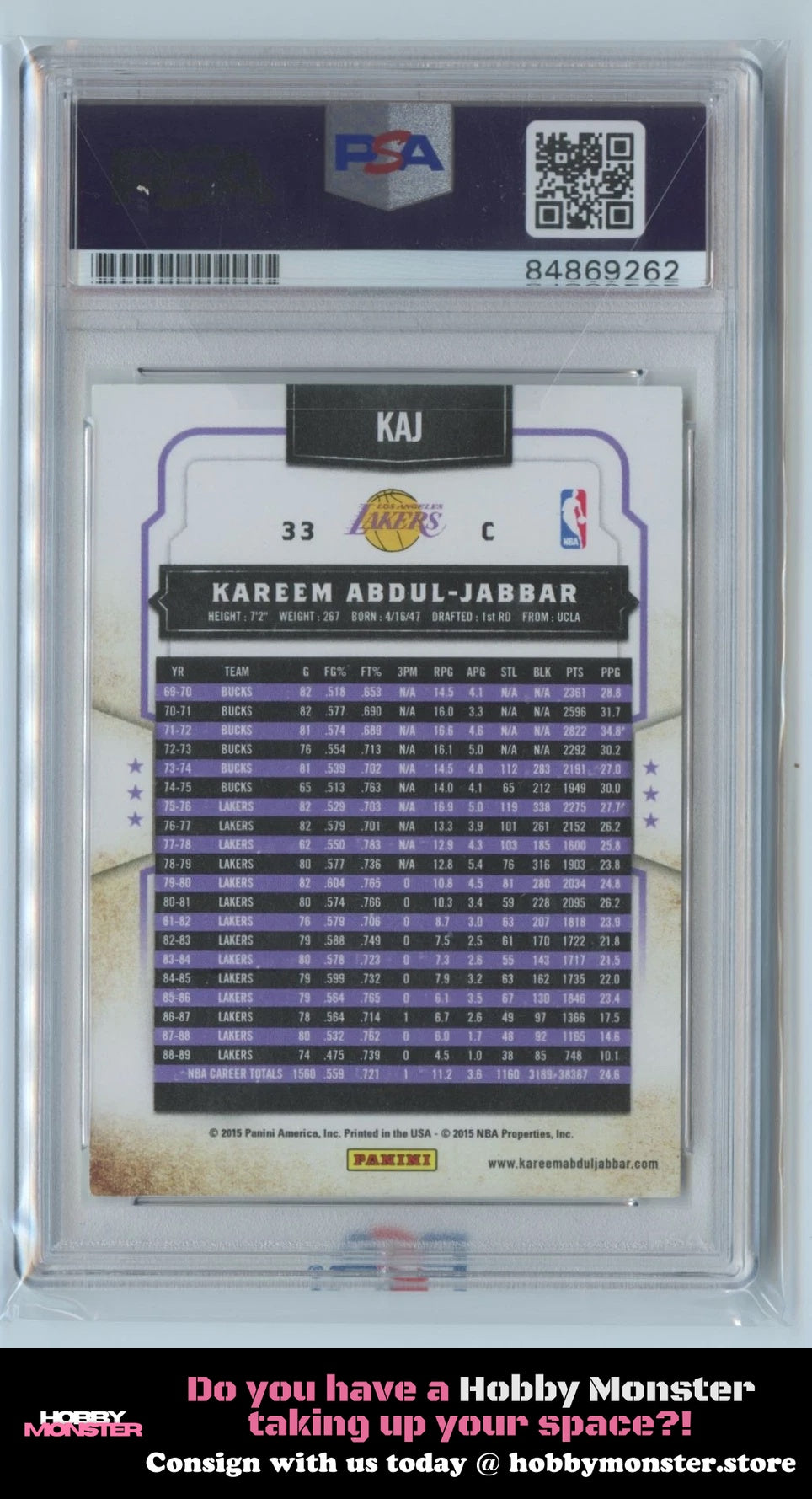 2015-16 Panini Classics Kareem Abdul-Jabbar Lakers #33 PSA 10 Auto