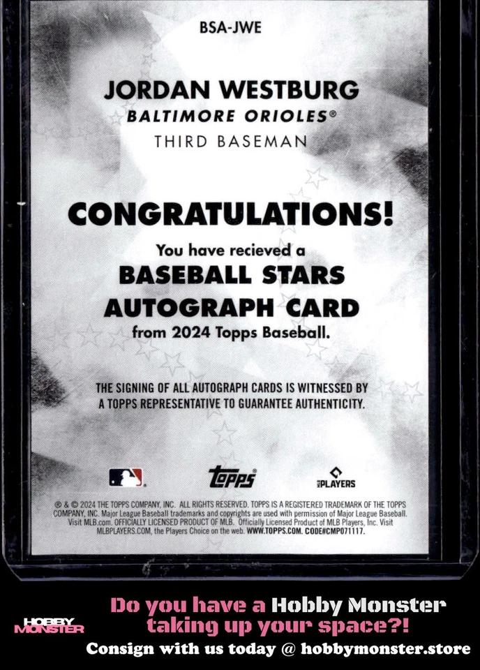 2024 Topps Jordan Westburg Baseball Stars Auto Baltimore Orioles