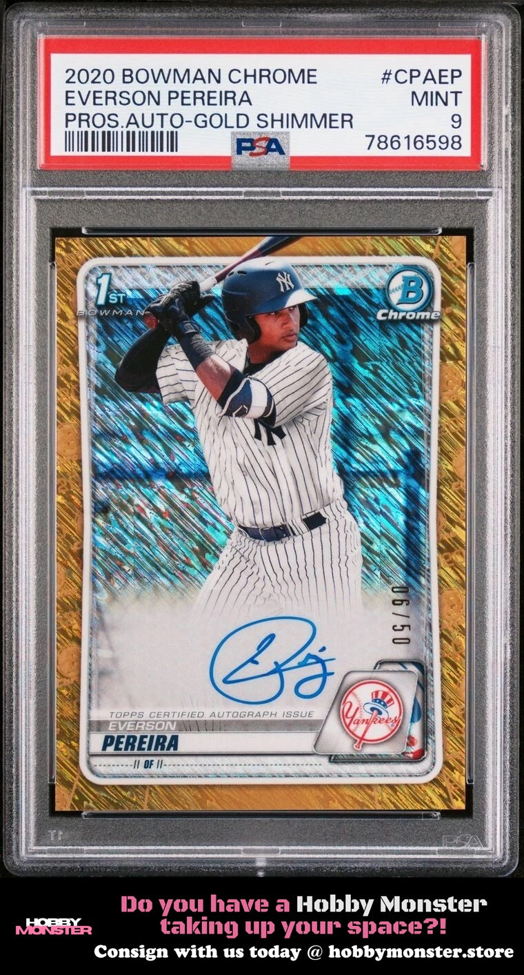 2020 Bowman Everson Pereira Chrome Gold Shimmer Auto #/50 Yankees PSA 9