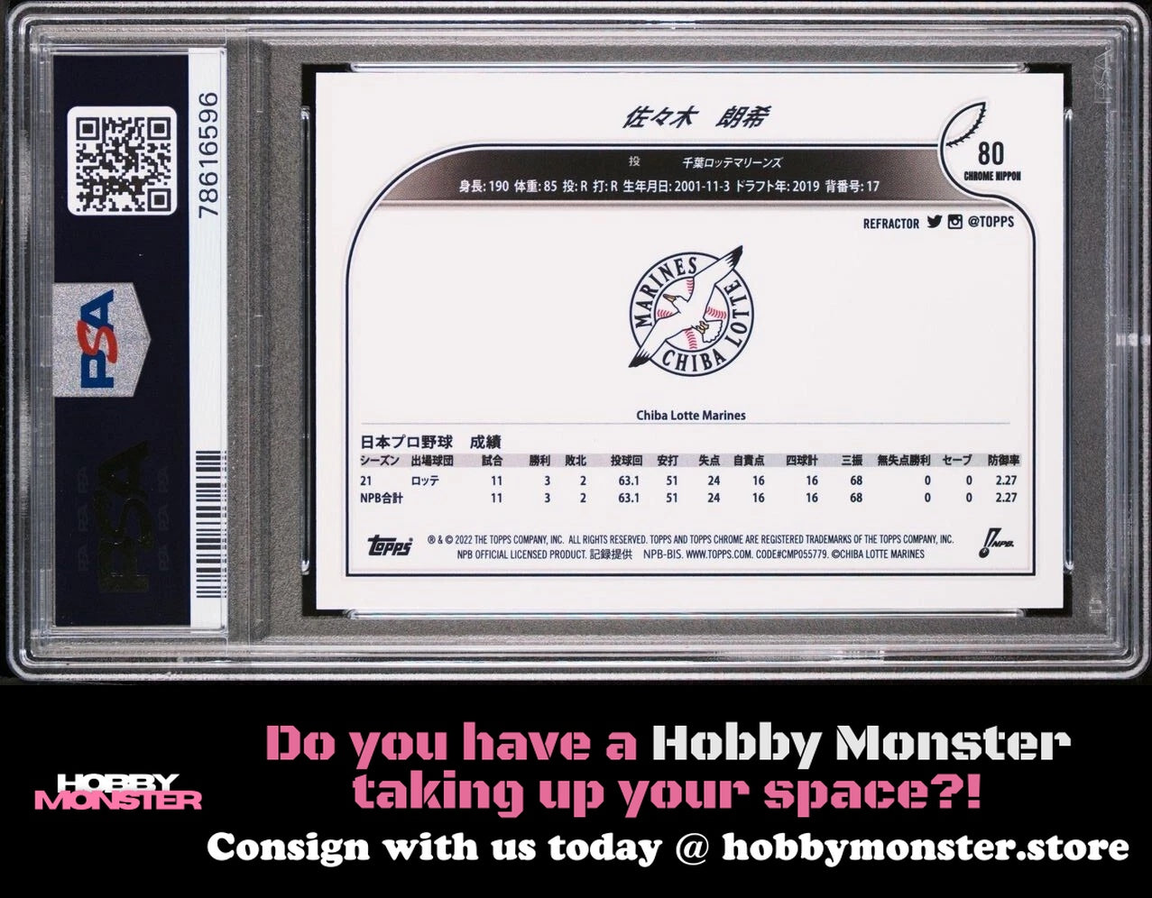 2022 Topps Chrome NPB Roki Sasaki Refractor Chiba Lotte Marines Dodgers PSA 9