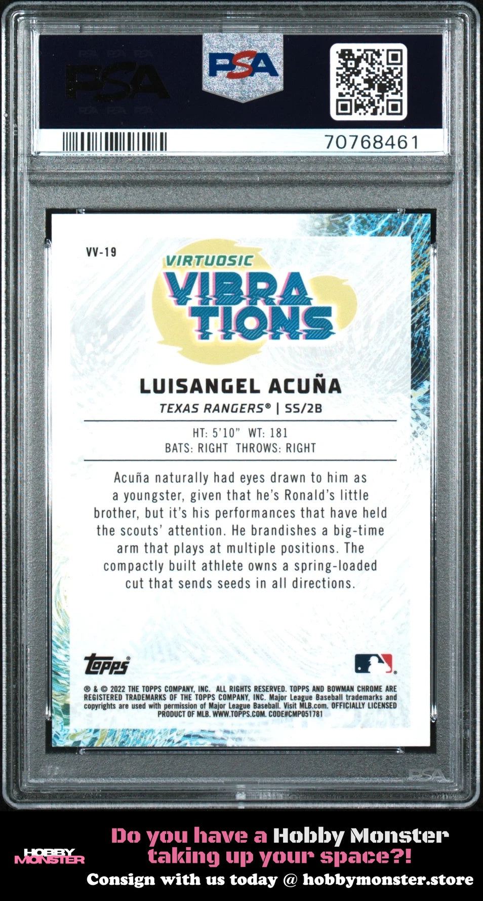 2022 Bowman Luisangel Acuna Virtuosic Vibrations Green #/99 Rangers PSA 9
