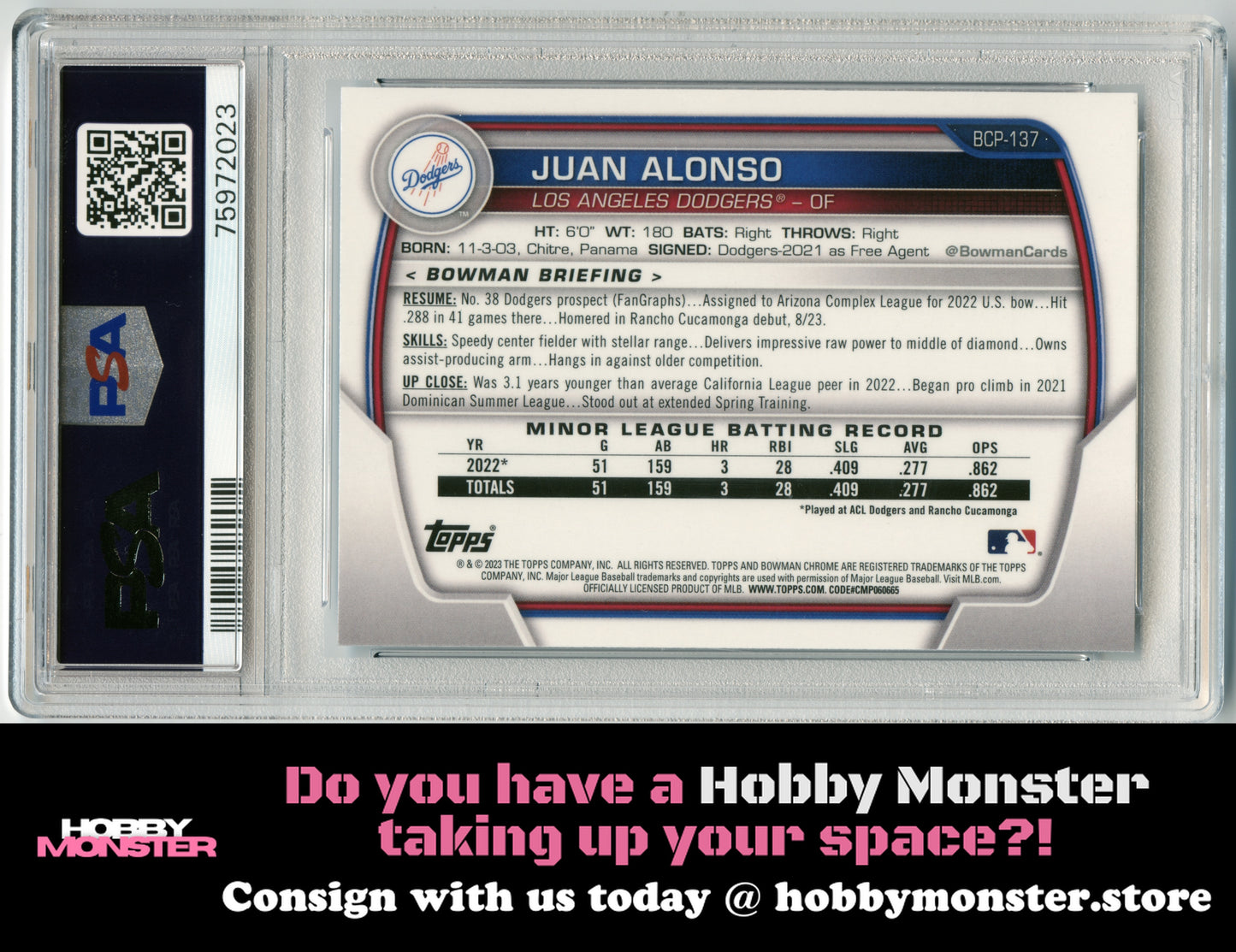 2023 Bowman Juan Alonso Chrome Pearl Dodgers PSA 10