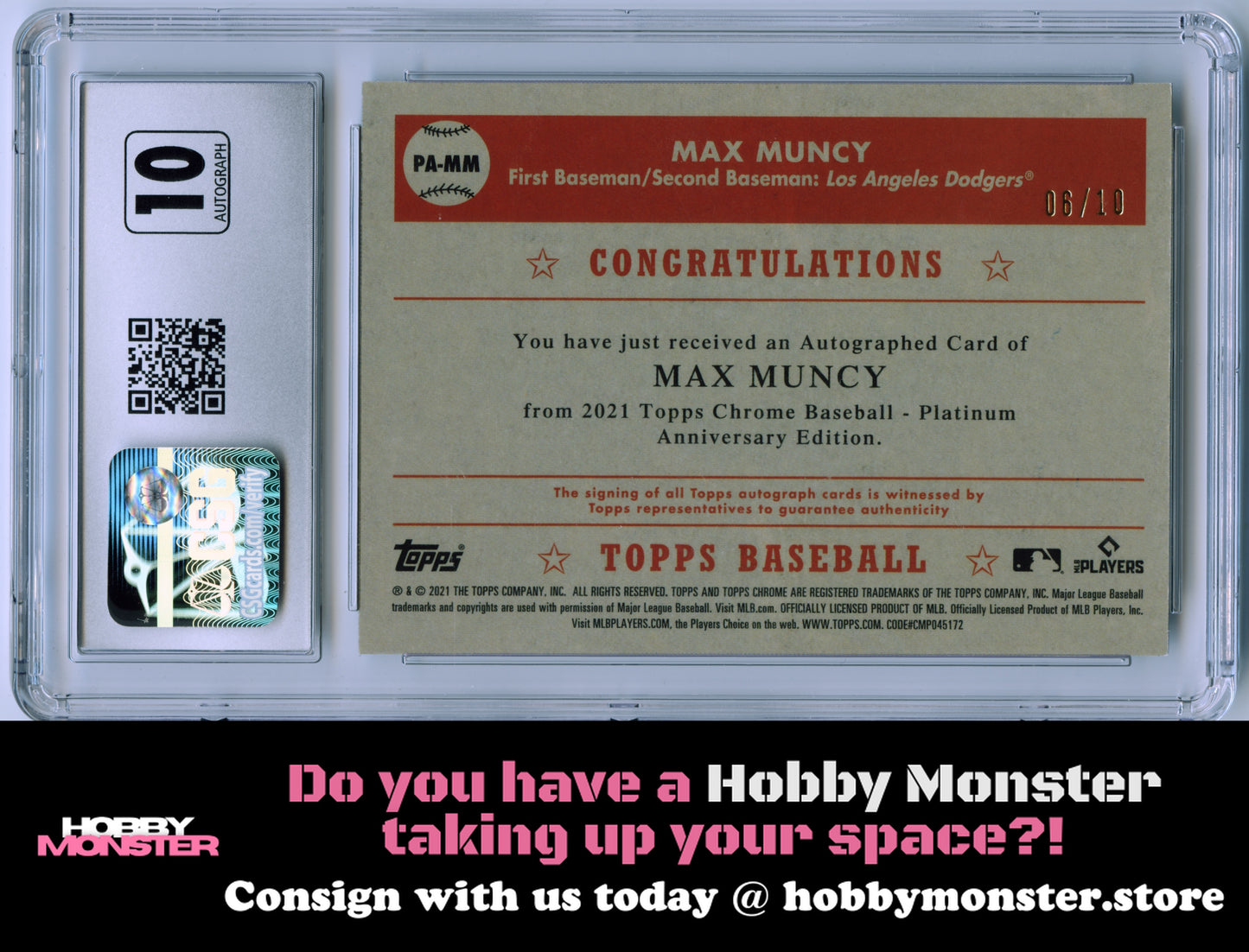 2021 Topps Chrome Platinum Max Muncy Black Auto #/10 Dodgers CSG 9