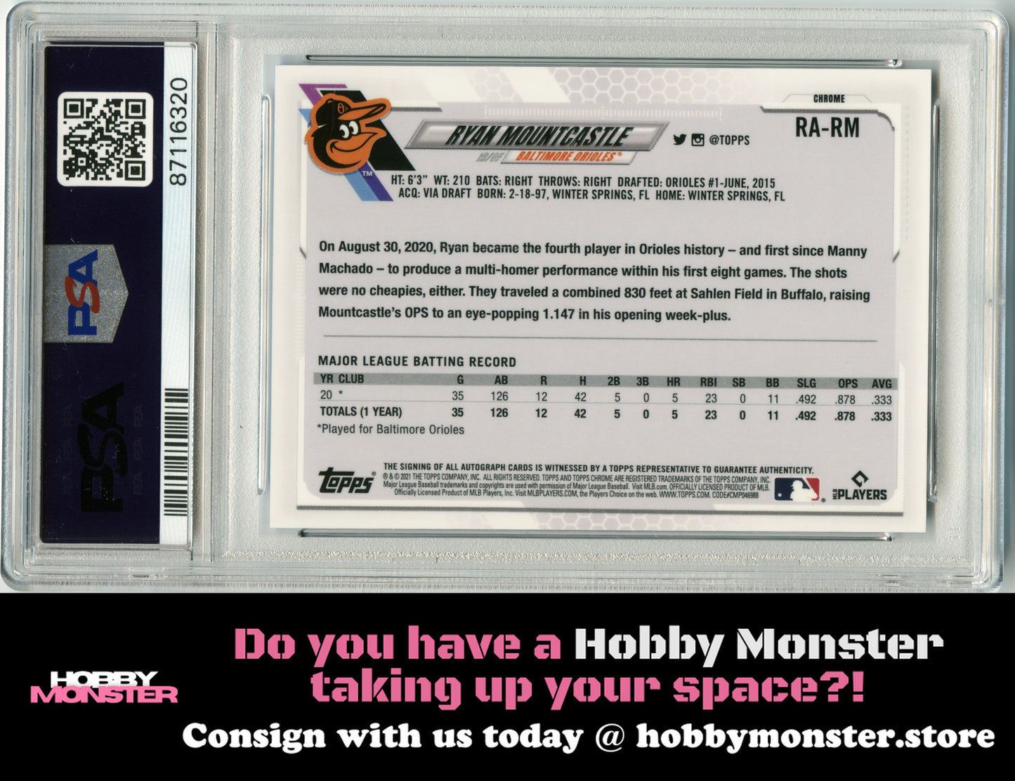 2021 Topps Chrome Sapphire Ryan Mountcastle Rookie Auto Baltimore Orioles PSA 10