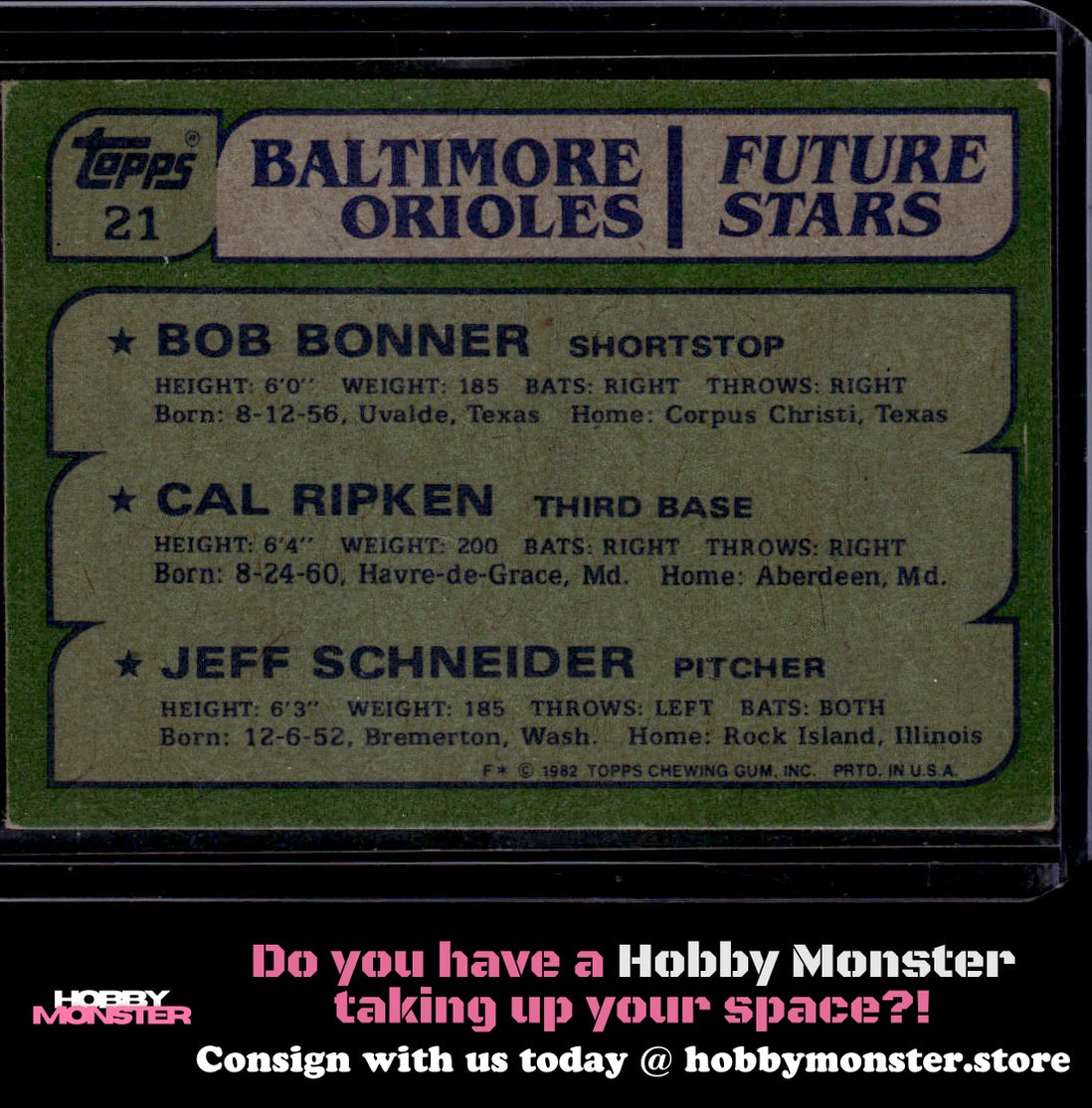 1982 Topps Orioles Cal Ripken Schneider Bonner RC Rookie Orioles
