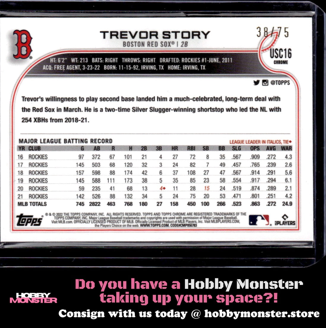 2022 Topps Chrome Update Trevor Story Green Refractor #/75 Boston Red Sox