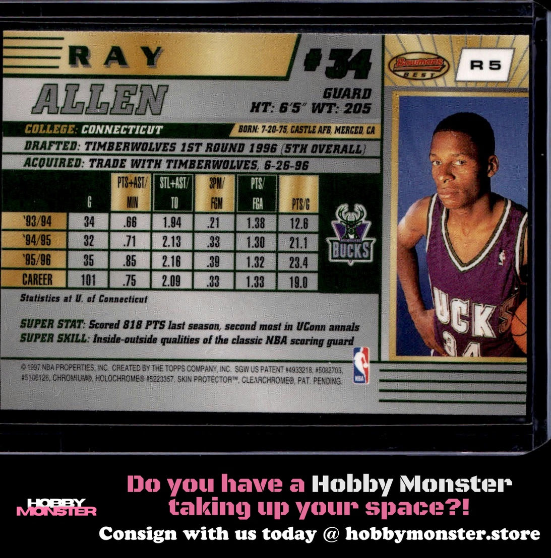 1996-97 Bowman's Best Ray Allen Rookie Milwaukee Bucks 00T-s7zpr