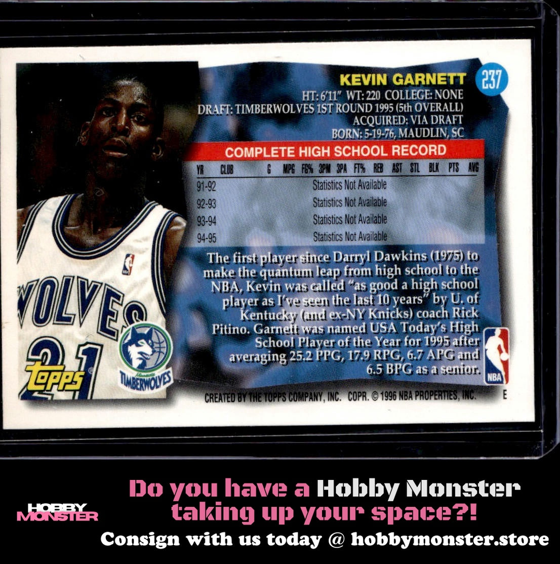 1995-96 Topps Kevin Garnett Rookie Minnesota Timberwolves 00T-s7zpu